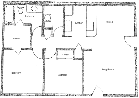 Floor plan for 2 beds, 1 bath, 848 sqft